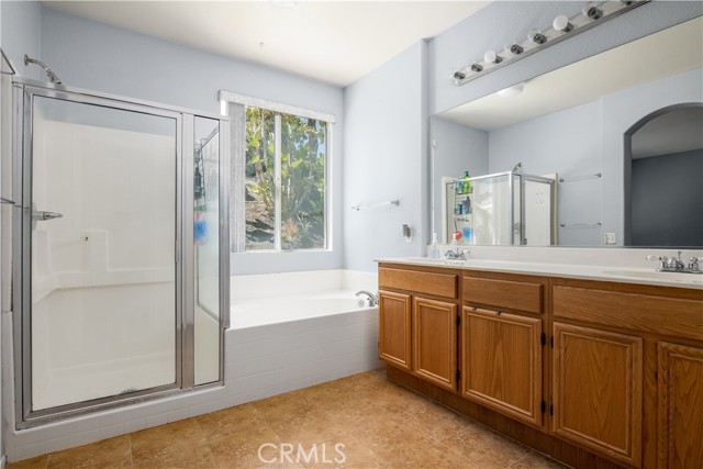 Master bathroom with separate shower/tub, double sink vanity and walk-in closet.