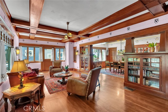 Living room with box beamed ceiling.