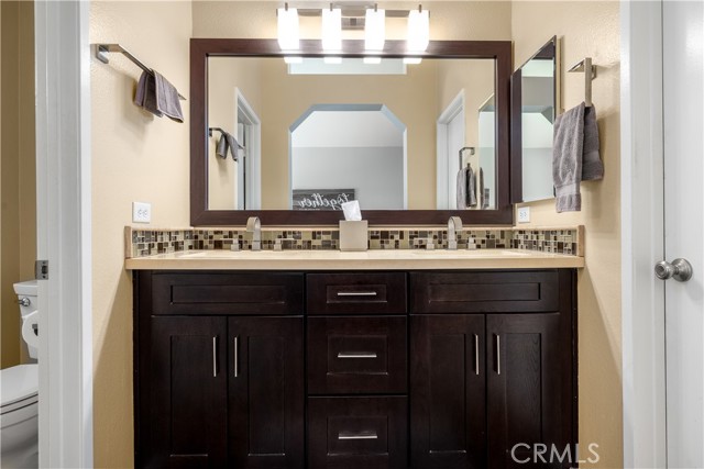 Master bathroom with double sink vanity.