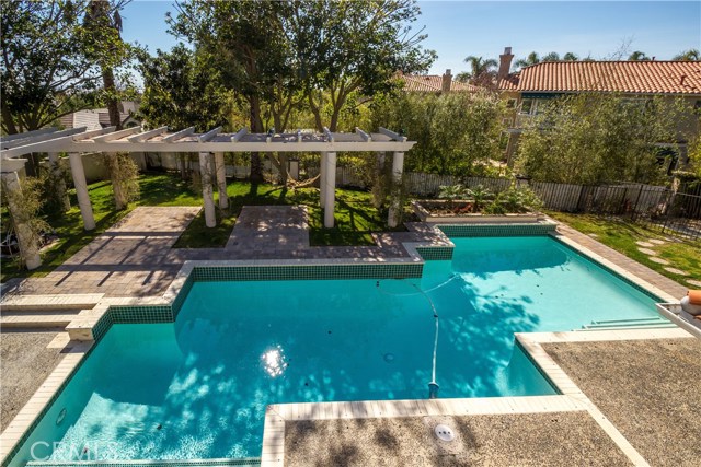 Beautiful pool and enclosed yard with some grass areas