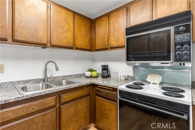 Kitchen with electric stove and oven and microwave and dishwasher. Upgraded ceiling lights.