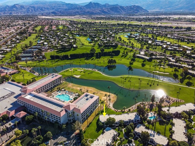 LOCATION LOCATION LOCATION!!! Those 3 MAGIC Real Estate Words' !!! BEST LOCATION DIRECTLY NEXT TO RESORT HOTEL WITH A STUNNING SOUTHERN VIEW ( AWESOME SUNSET ) OF THE HUGE GOLF COURSE, 2 LARGE PONDS, AND THE BEAUTIFUL SAN JACINTO MOUNTAINS. This Beautiful 3 bedroom 2 bath condo in a fabulous quiet corner ( CUL DE SAC AND STEPS TO POOL ) location adjacent to RESORT HOTEL. Yes ! Just a few steps away from a 4 Star Hotel with shops, restaurants and their amenities. Your Large Back Patio has the best views of any home in the entire resort. You will want to spend your afternoons/evenings lounging on this patio enjoying the sun, views and of course the AWESOME SUNSET. The Condo is Light and Bright, has Ceiling Fans, Upgraded Baths, Tile/Carpet Flooring, and Recessed Lighting. There is a Large Front Patio where you can park/recharge your gold cart and enclose it for your furry friends. The Desert Princess community has an affordable 27 hole PGA Championship golf course, no initiation fees, and is rated among the best in the valley by Golf Digest. This community offers tennis courts, pickle ball, racquet ball, 33 pools/spas, active club house, bocce ball courts, a Hotel, Spa & Gym, clubhouse and much more and of course great neighbors! It is close to everything in Palm Springs including the Airport, downtown Palm Springs, Restaurants, shopping, casinos, street fairs, museum and tramway. ALSO, Desert Princess is one of the few communities that still allows short-term rentals and therefore highly-sought-after and this CONDO can actually pay for itself by generating a lot of income! ( GREAT INVESTMENT ). This condo will not disappoint so please book your private showing today! PLEASE SEE ARIEL PICS WHICH SHOW THE GREAT LOCATION