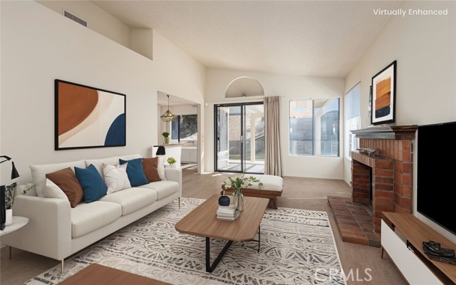 living room with fireplace virtually staged