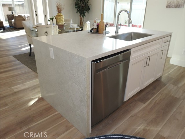 Kitchen Island with waterfall quartz countertop & dishwasher.