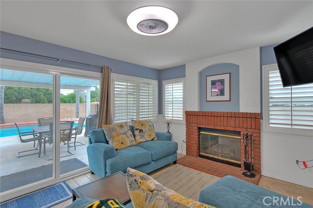 Fireplace and view to the back yard