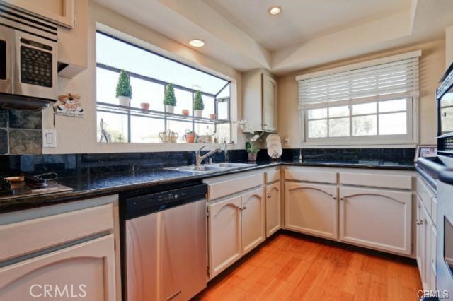 Upgraded Kitchen with Granite Slab Stone Counters, garden window, built-in cabinet pull outs