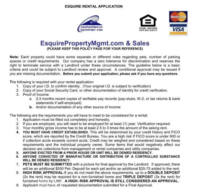 Esquire Rental Requirements