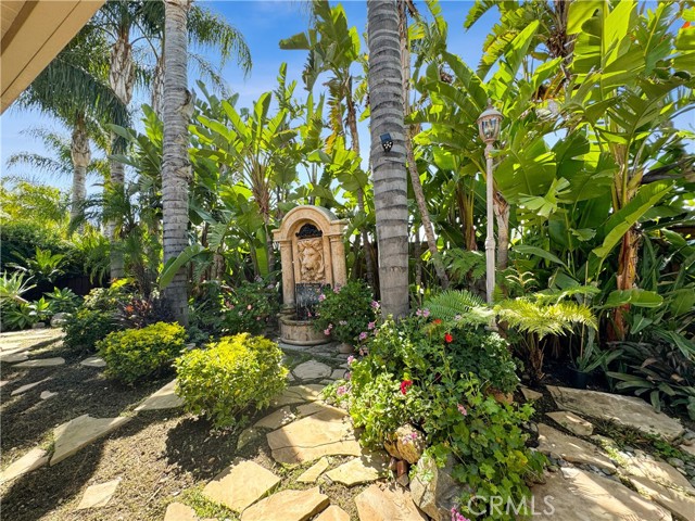 Rear outdoor garden area and fountain