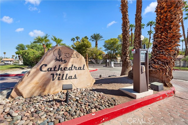 32200 Cathedral Canyon Drive Cathedral City, California LOCATION LOCATION LOCATION If you are looking for a convenient, low maintenance, practical lifestyle that includes full service on-site amenities in a gated community with cameras one of the lowest HOA and one of the best locations in the complex - you have found it here at Cathedral Villas. Very accessible, much desired ground level unit that comes with one car garage for your storage and convenience and one uncovered parking space. This unit is in the middle of the complex close to the gate, not far from trash and near the refreshing pool. You can see the pool from your private patio. This one bedroom one bathroom has new paint, new flooring in dining room, newer A/C, ceiling fans and an outside private patio. Responsible pet owners are welcome. Enjoy all the full service amenities laundry facility, refreshing sparkling pool, relaxing spa, lighted walking path, dog stations, fitness room and WIFI. Gas, Water and Trash included - for utilities your only responsibility is electricity. Centrally situated in the city where art lives , offering immediate access to shopping, restaurants, art, parks, events, festivals, golf courses, casinos, and culture. ********