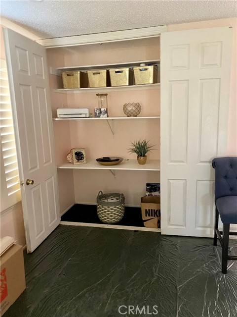 Storage space in living room with shelves and attractive raised paneled double doors. Carpet has been covered from cleaning.