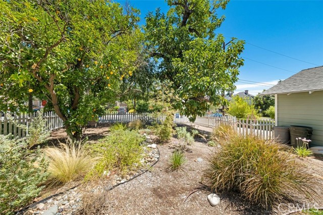 Mature fruit trees, garden area located north of garage.