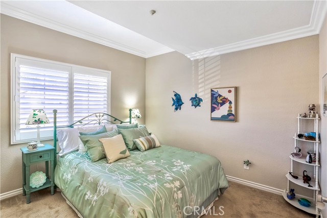 The guest bedroom has a mirrored closet, plantation shutters and carpet.