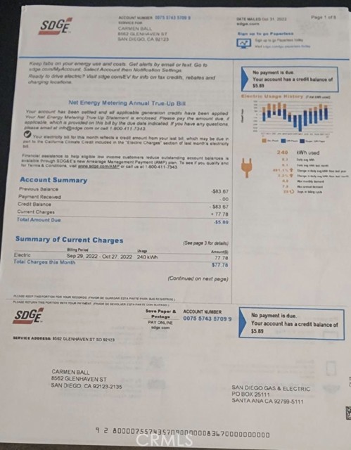 San Diego Gas 7 Electric bill 2