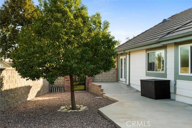 This view is the east side yard looking south. The double doors at the front corner of the home opens up into the 3rd bedroom.