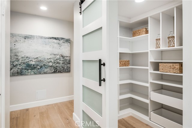 Spacious walk-in pantry adjacent to kitchen.