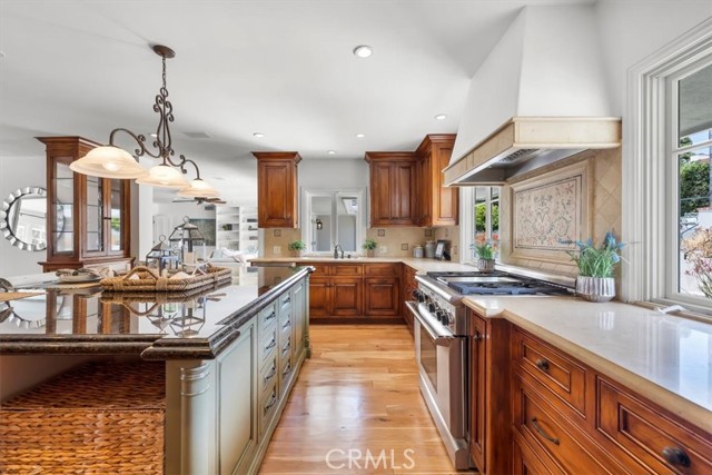 Gourmet gas Thermador Range and Grill and decorative stone design in the backsplash.