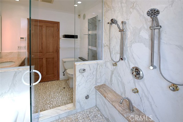 Japanese-style shower and Thermasol steam controller (center, below glass); karaoke system on rack above Gerber toilet