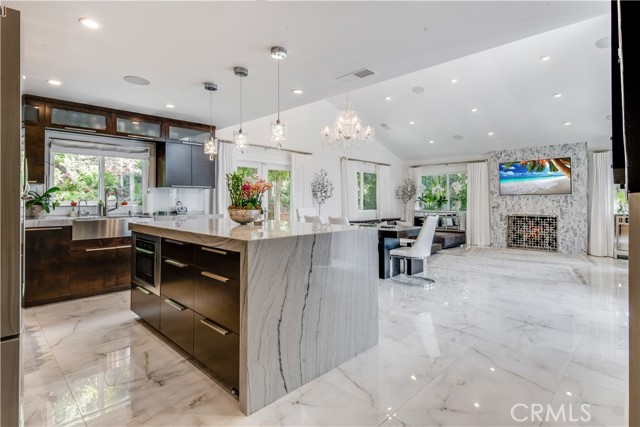waterfall quartzite countertop on island