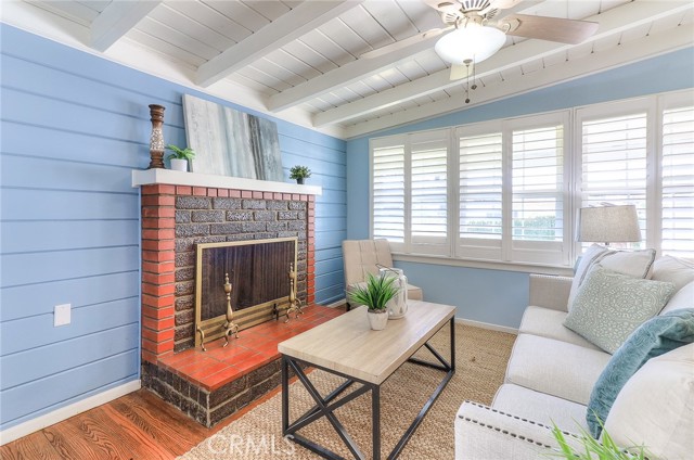 Family room with a fireplace.