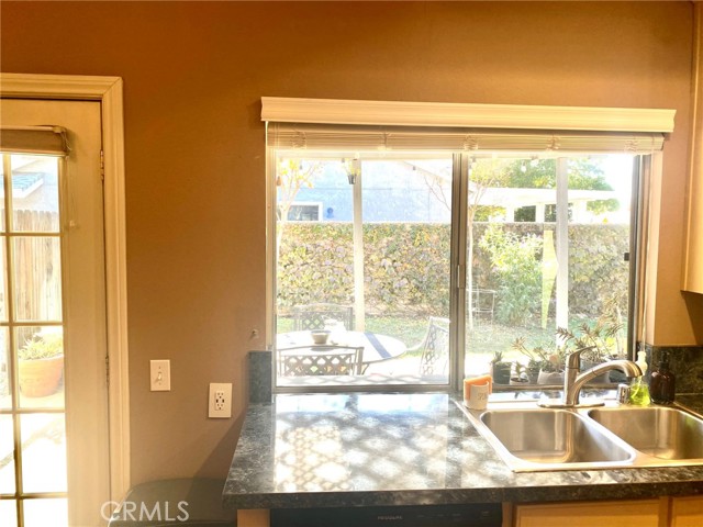 kitchen window looks out to the patio