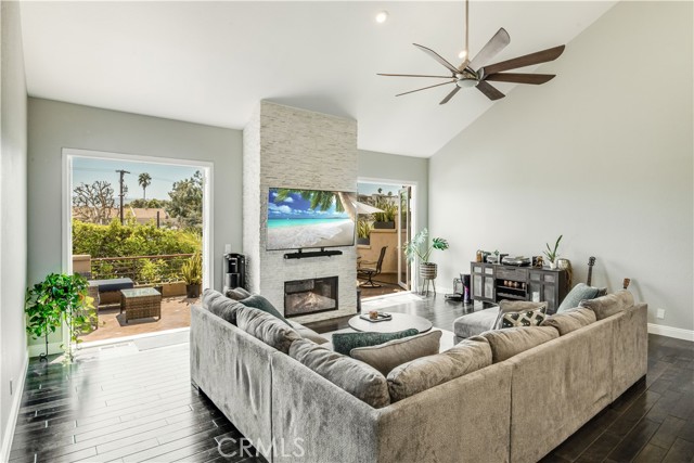 Living room with french doors leading out to private patio looking towards Palos Verdes