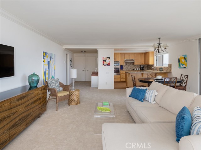 Bright airy living room flows to dining area and kitchen. Double door entry.