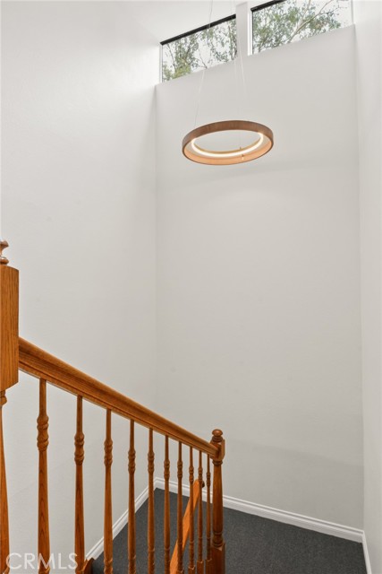 One view of the newly carpeted staircase with new light fixture