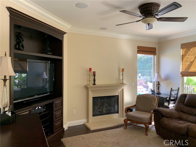 Bright and open concept family room with fireplace & two custom built ins for media & storage.