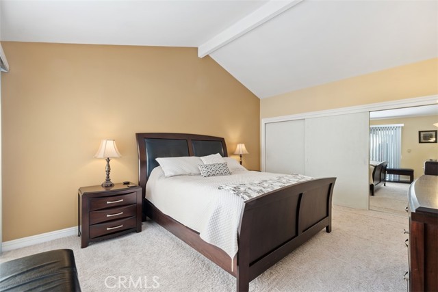 Master bedroom with high ceilings, sliding door to attached balcony, walk in closet and 3 mirrored door closet and storage.