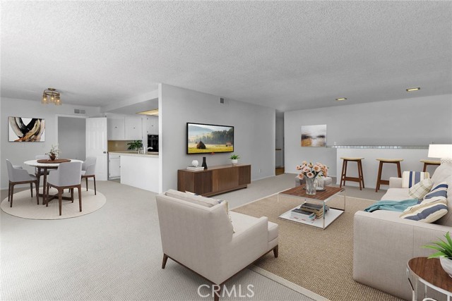 family room and dining area virtually staged.