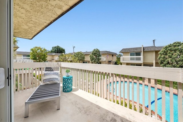 Balcony with views of pool and gardens