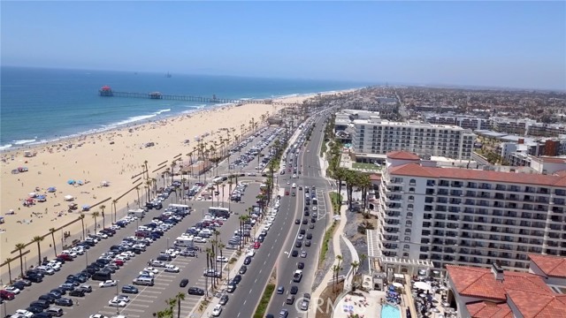 Aerial view from the Hilton hotel in Downtown Huntington Beach and the world famous pier!