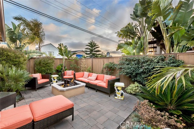 Backyard with built-in fireplace