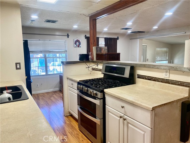 Kitchen open to the living room area.