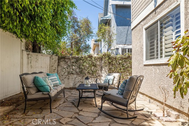 Stone patio, rear fence and ficus hedge of back yard.