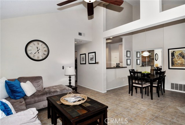 View to dining area and kitchen from family room.