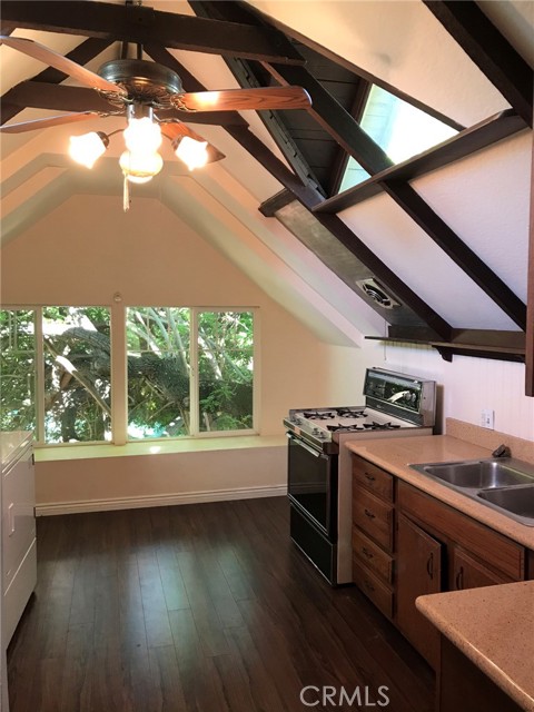 Back of attic kitchen overlooking backyard.