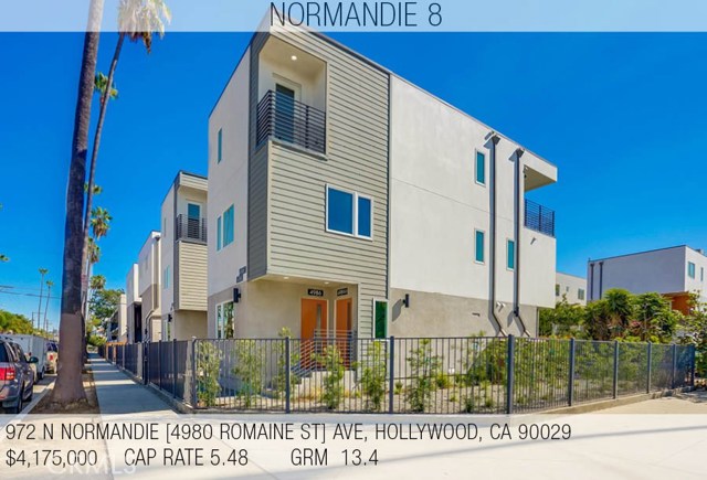 972 N Normandie Avenue Hollywood, California NORMANDIE 8 -
8 NEW CONSTRUCTION UNITS IN HOLLYWOOD -
We are pleased to announce a new construction 8 unit property with C of O issued, with five of the eight units leased. In addition to this offering, a matching new construction 16 unit property two parcels south is also available for sale from the same seller which can be purchased separately or as a part of this sale. If interested please contact us regarding either property. This luxury complex is comprised of four duplexes, totaling eight townhouse style units. The units are all generous in sizing with four units being three bedroom, two units being two bedroom, and two units being one bedroom (18 bed 16 bath in total), all of which have private laundry. A total of 16 on-site parking spots provide secure and private parking for all tenants. Each unit is equipped with separate meters for water, gas and electricity as well as an owner’s common area electric meter for exterior lighting and common area water meter for servicing and landscape irrigation. The property is completed with drought tolerant landscaping, energy efficient building materials, appliances and fixtures presenting the buyer with a low maintenance, environmentally friendly property. The layouts of the units are spacious and only share a single wall with a single neighbor.
The combination of a strong Hollywood market, new construction units, and a turn-key warrantied property makes this a unique opportunity.