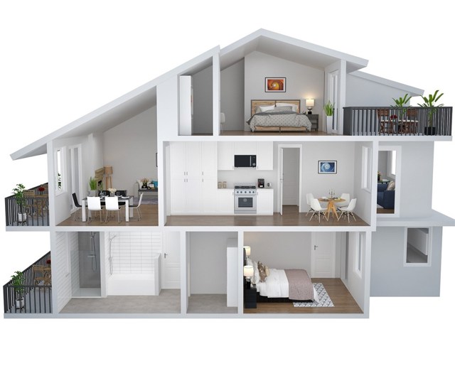 Top floor-loft. Main floor living,dining, kitchen, large versatile entry, and balcony. Bottom floor-master bed/bath, second room, laundry, second full bath and balcony