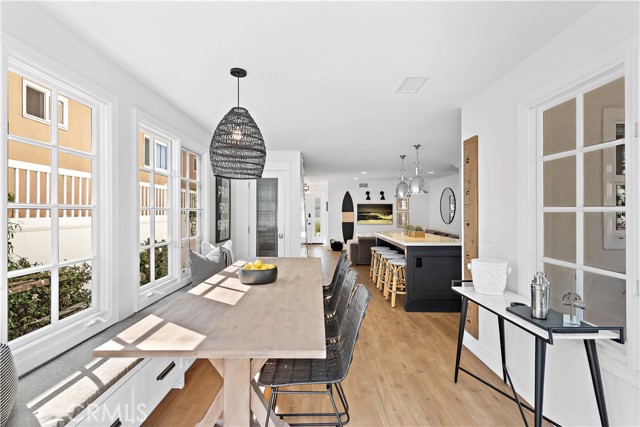 Dining area with built-in seating and storage.
