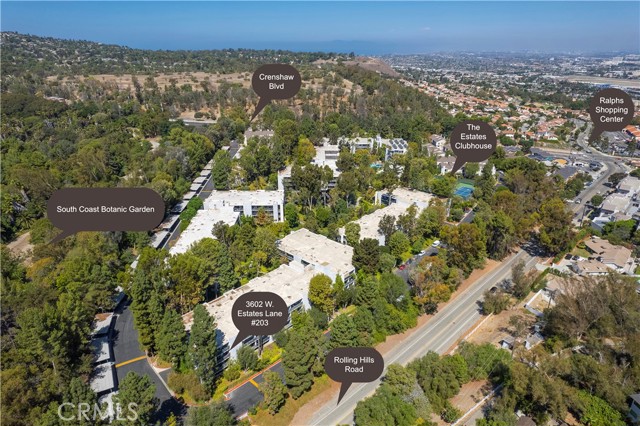 The Estates with location markers for 3602 W Estates Lane #203, Rolling Hills Road, South Coast Botanic Garden, Crenshaw Blvd. The Estates Clubhouse and Ralphs Shopping Center.