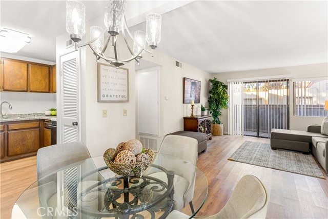 Dining area with new chandelier.