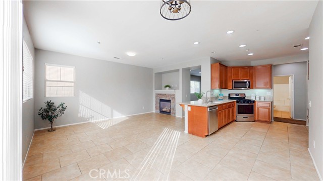 Kitchen with family room.  Tile flooring.
