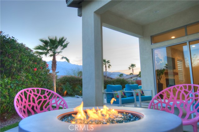 Fire pit at dusk with views to Mount San Jacinto.