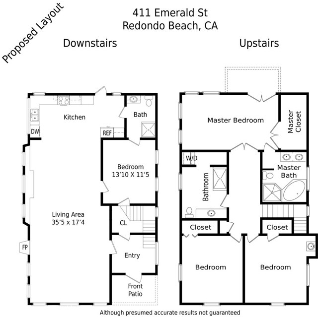 Owner envisioned layout for 411 Emerald St. with the open kitchen on the first floor. The second floor back bedrooms would be joined into a large master bedroom and expansive master closet that would open to a french door balcony. The current master bath would be reconfigured to a ensuite bath.