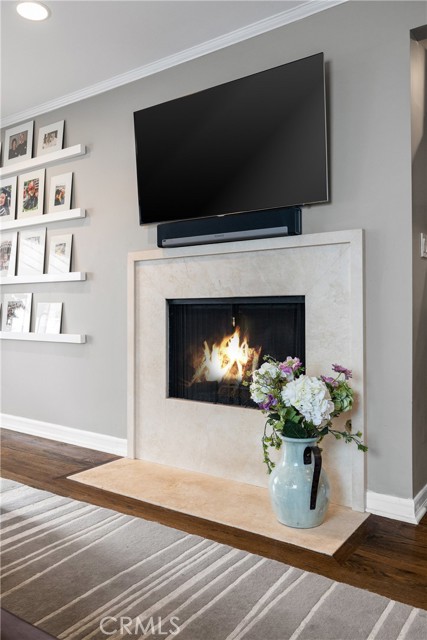 Gas fireplace in the the open living room area.