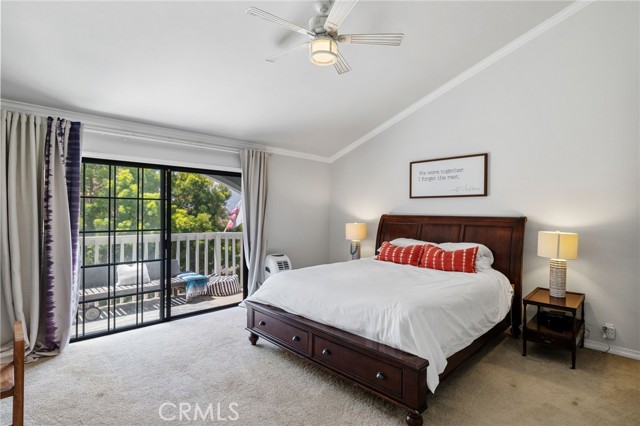 Upstairs in the primary bedroom we have vaulted ceiling, built-in shelving, 2 closets, a private balcony and ensuite bathroom.