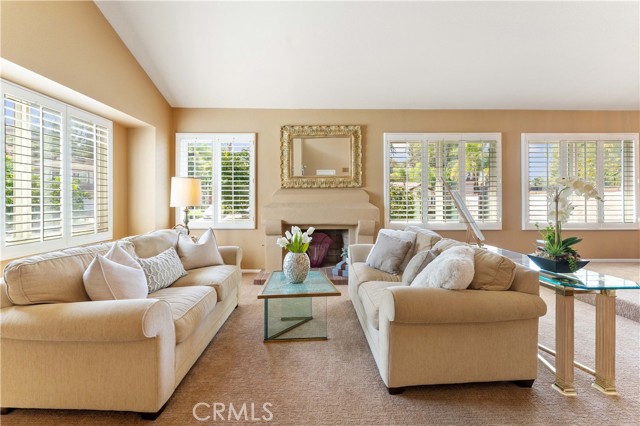 Formal living room with cathedral ceilings, double pane windows and fireplace.