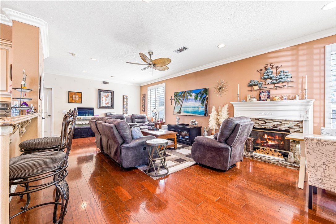 Family room open to kitchen with gas fireplace