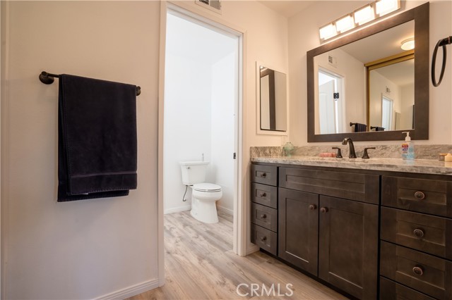 newer vanity and toilet in primary bathroom